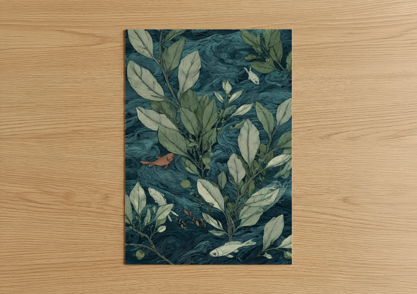 Art print on warm oak wood — teal and light green palette — Aquatic Mangrove poster