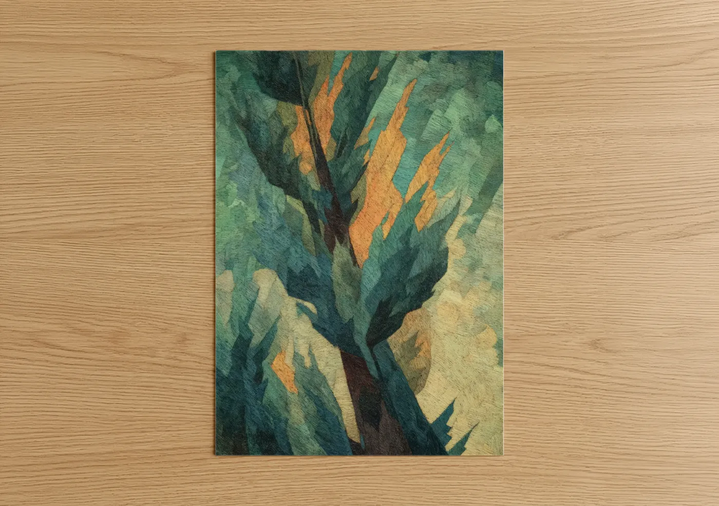 Cypress tree art print on warm oak wood — dark green and gold palette — Golden Cypress poster
