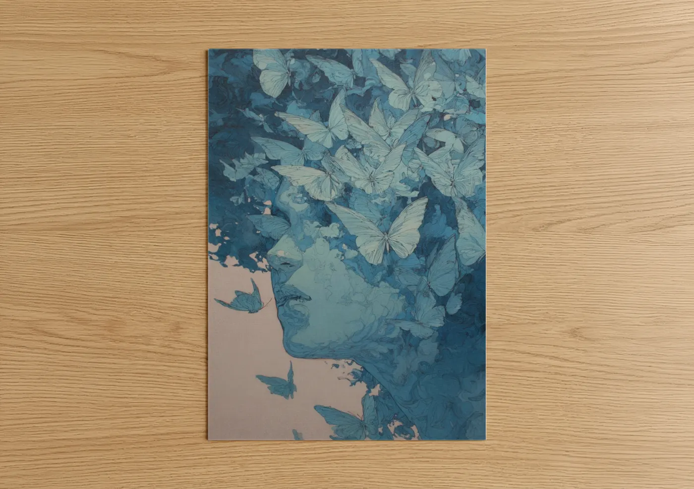 Ethereal Ghost with Butterflies Blue Wall Art