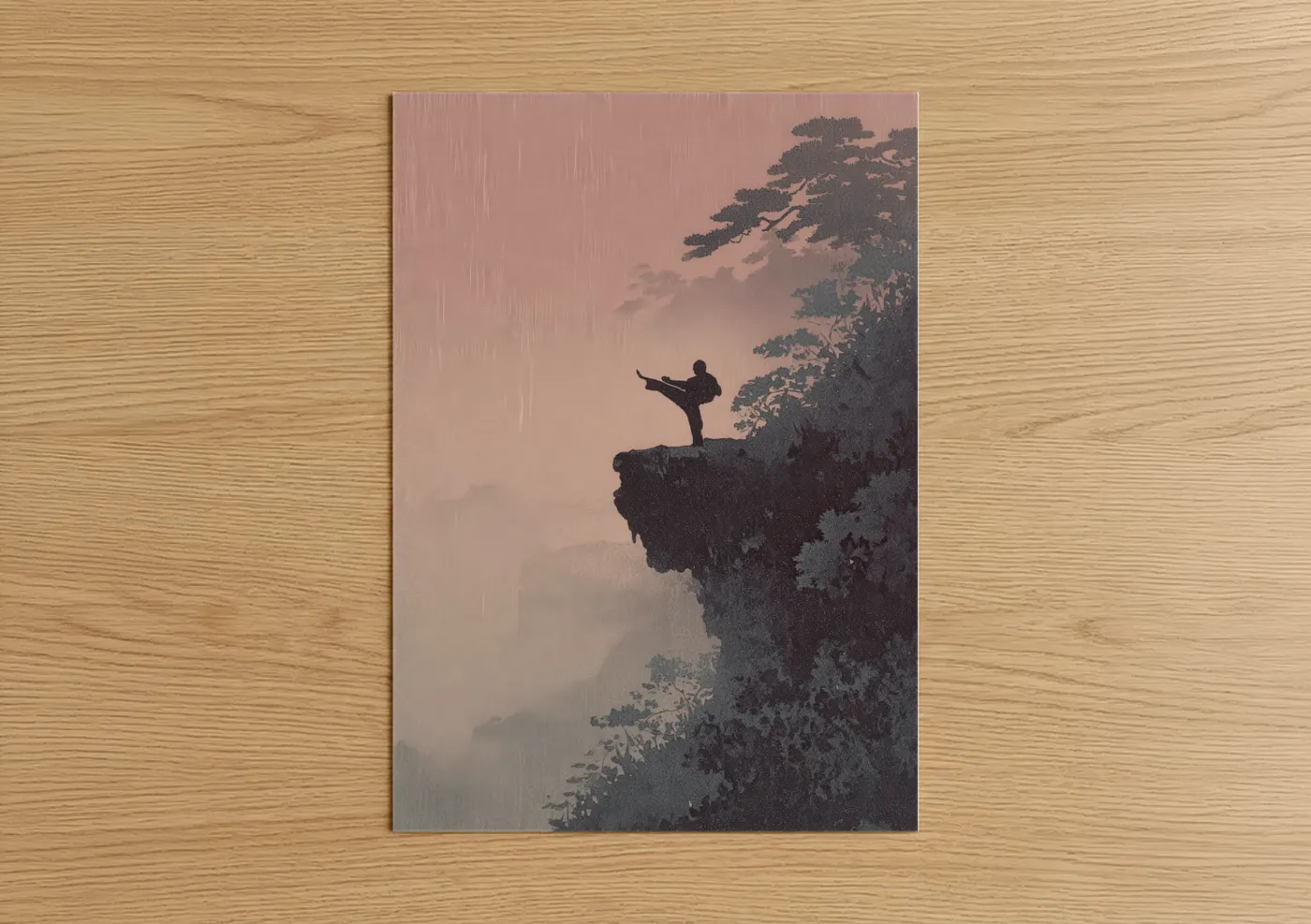 Art print on warm oak wood — rose gold and gray palette — Mountain Capoeira poster