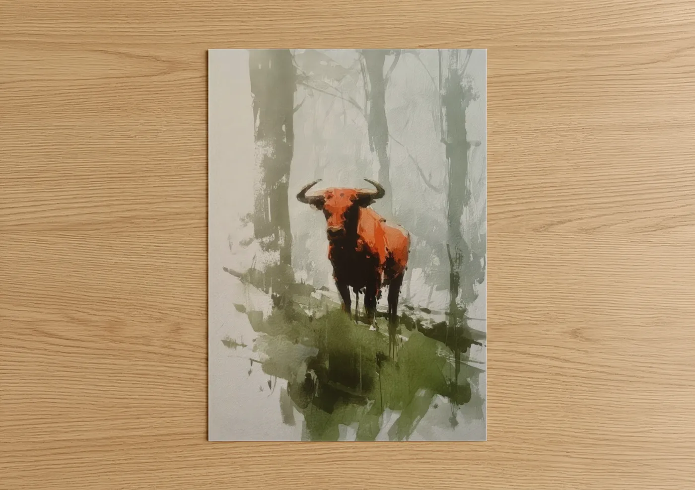 Russet Bull in Misty Forest Watercolor Wall Art