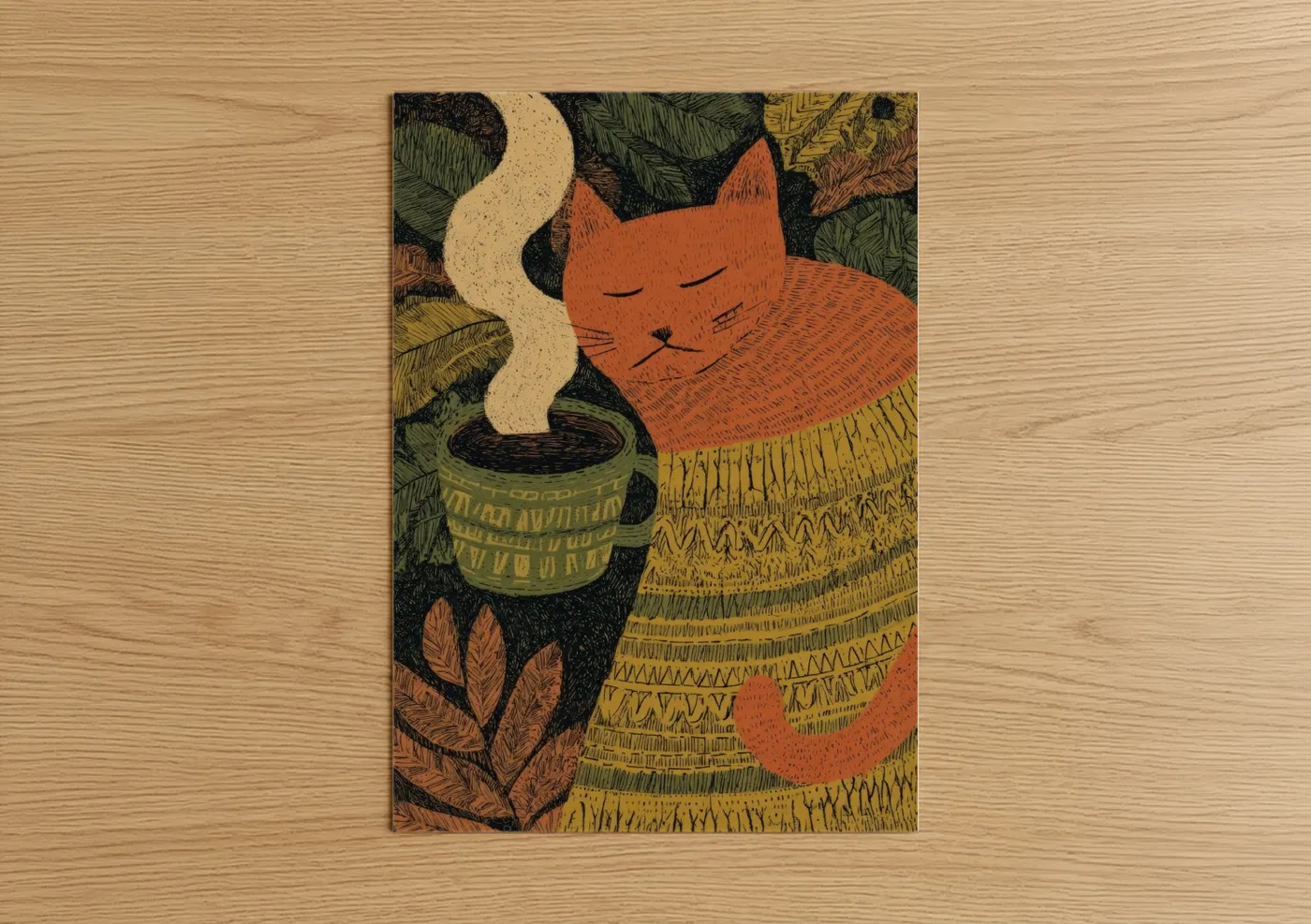 Art print on warm oak wood — orange and dark green palette — Cozy Cat Tea poster