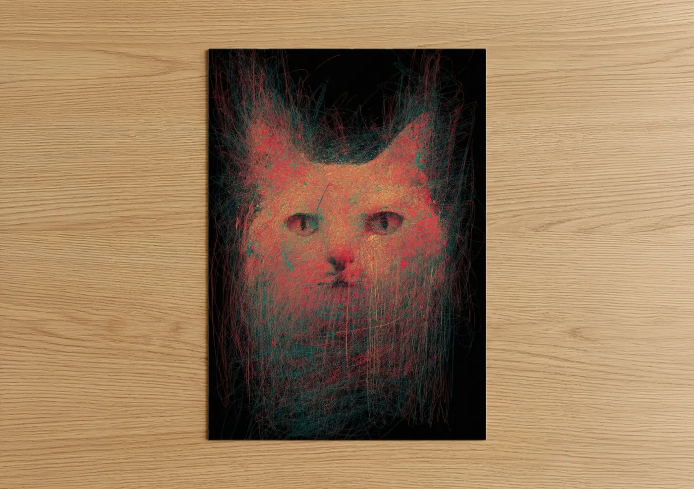 Art print on warm oak wood — magenta and teal palette — Neon Cat Portrait poster