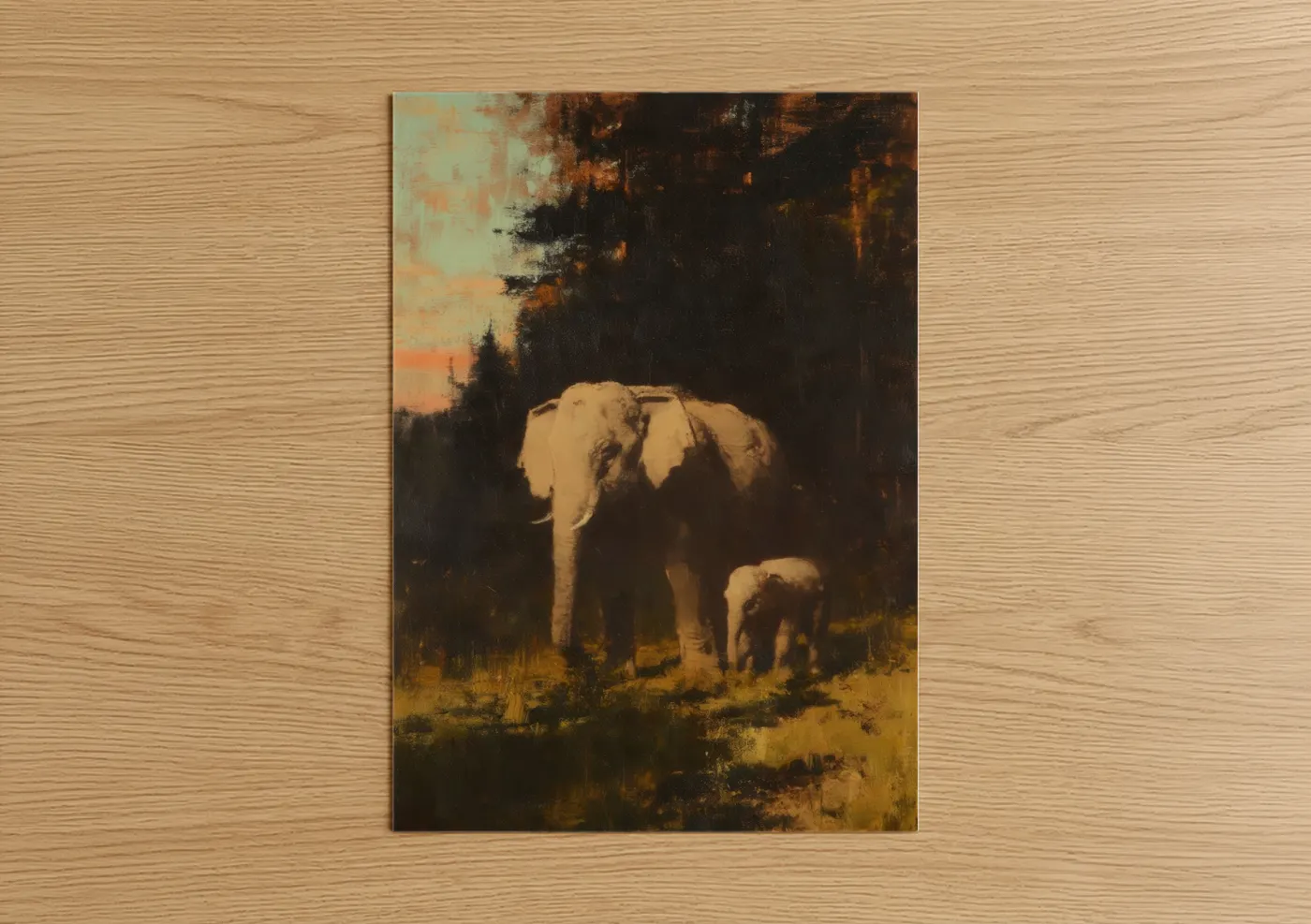 Asian elephant art print on warm oak wood — gold and espresso palette — Sunset Elephant Family poster