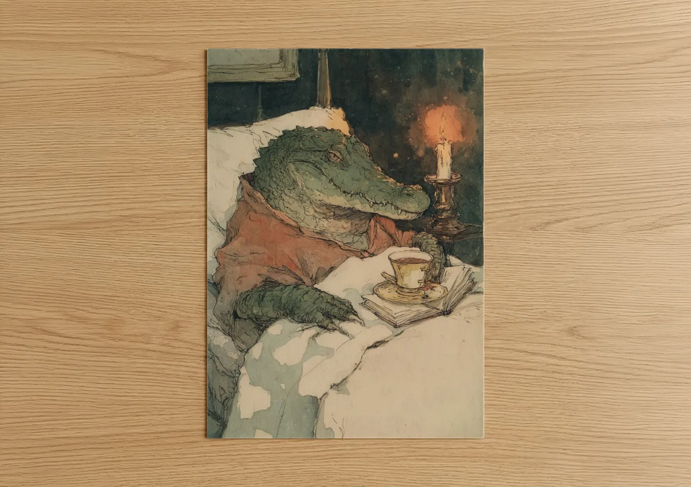 Vintage Alligator Reading in Bed Illustration Wall Art