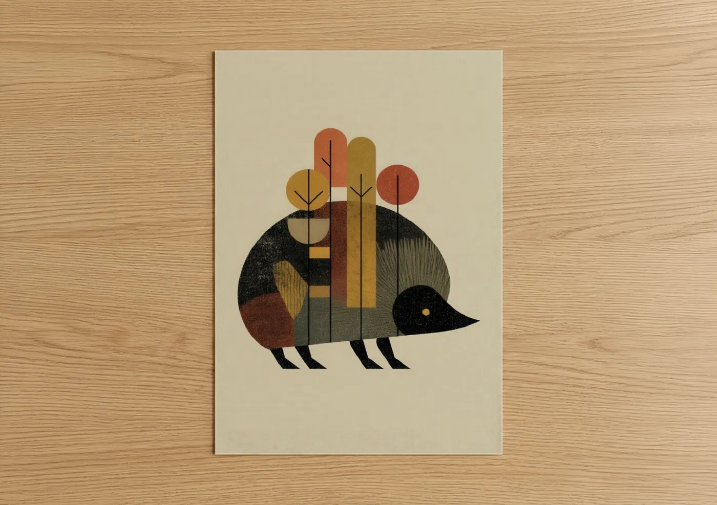 Art print on warm oak wood — gold palette — Autumn Hedgehog poster