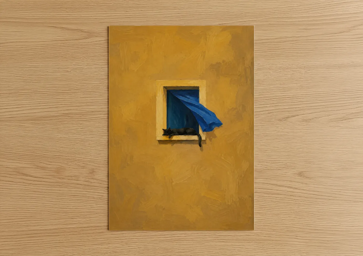Art print on warm oak wood — gold and blue palette — Mediterranean Cat Window Wall Art poster