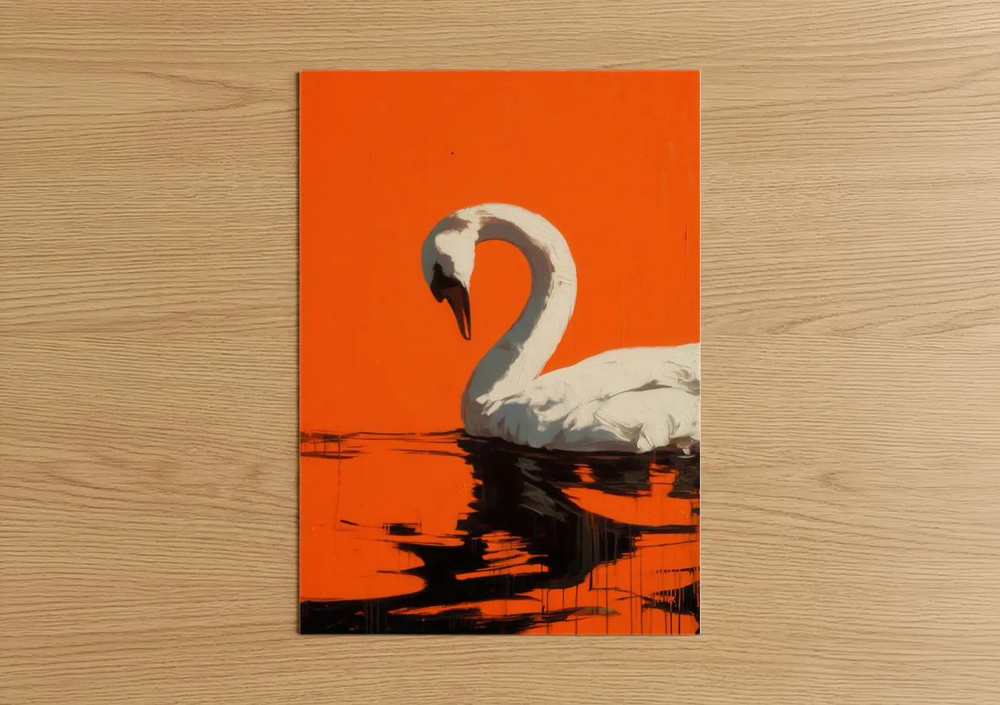 Art print on warm oak wood — orange and white palette — Crimson Swan poster