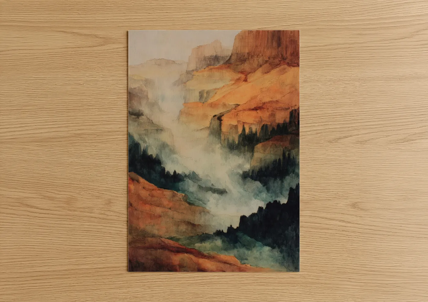 Misty Canyon Landscape Watercolor Wall Art