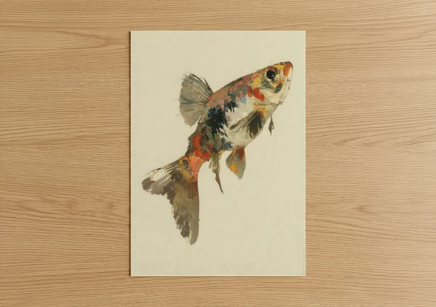 Art print on warm oak wood — russet and cream palette — Ornamental Zebrafish poster