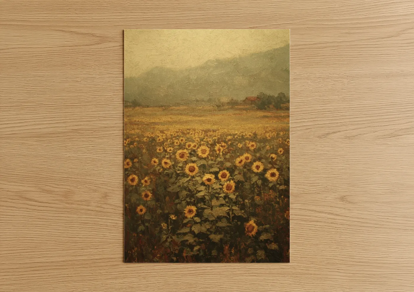 Art print on warm oak wood — yellow gold and olive palette — Golden Sunflower Field poster
