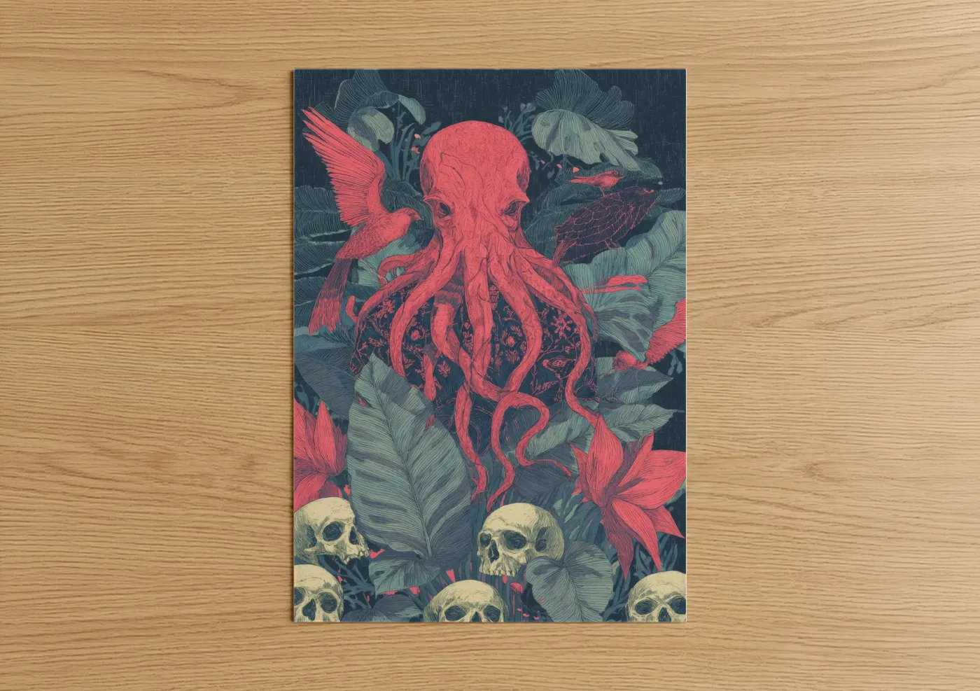 Crimson Cthulhu Octopus Dark Fantasy Wall Art