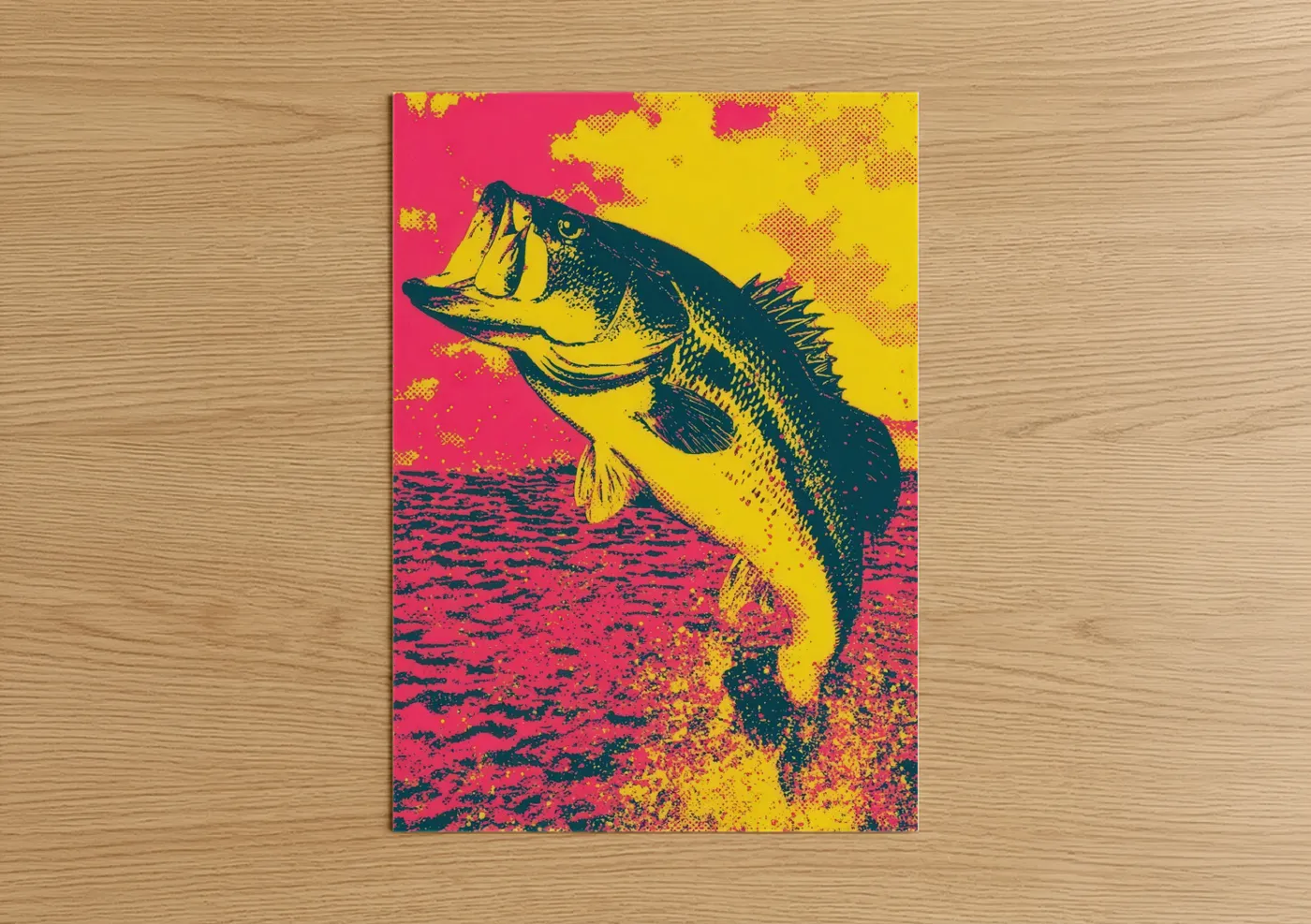 Art print on warm oak wood — magenta and yellow gold palette — Jumping Bass poster