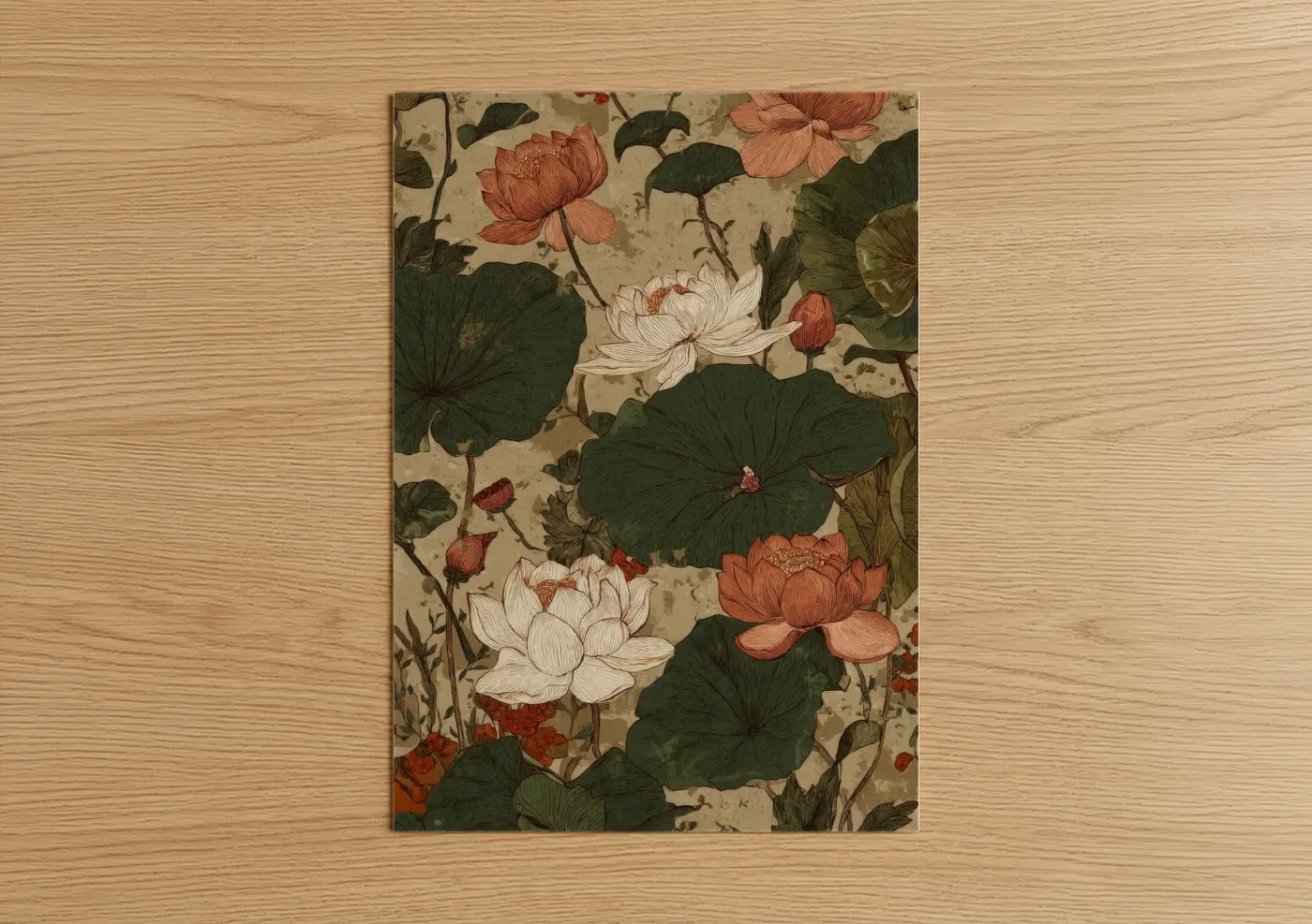 Art print on warm oak wood — cream and dark green palette — Classical Lotus Garden poster