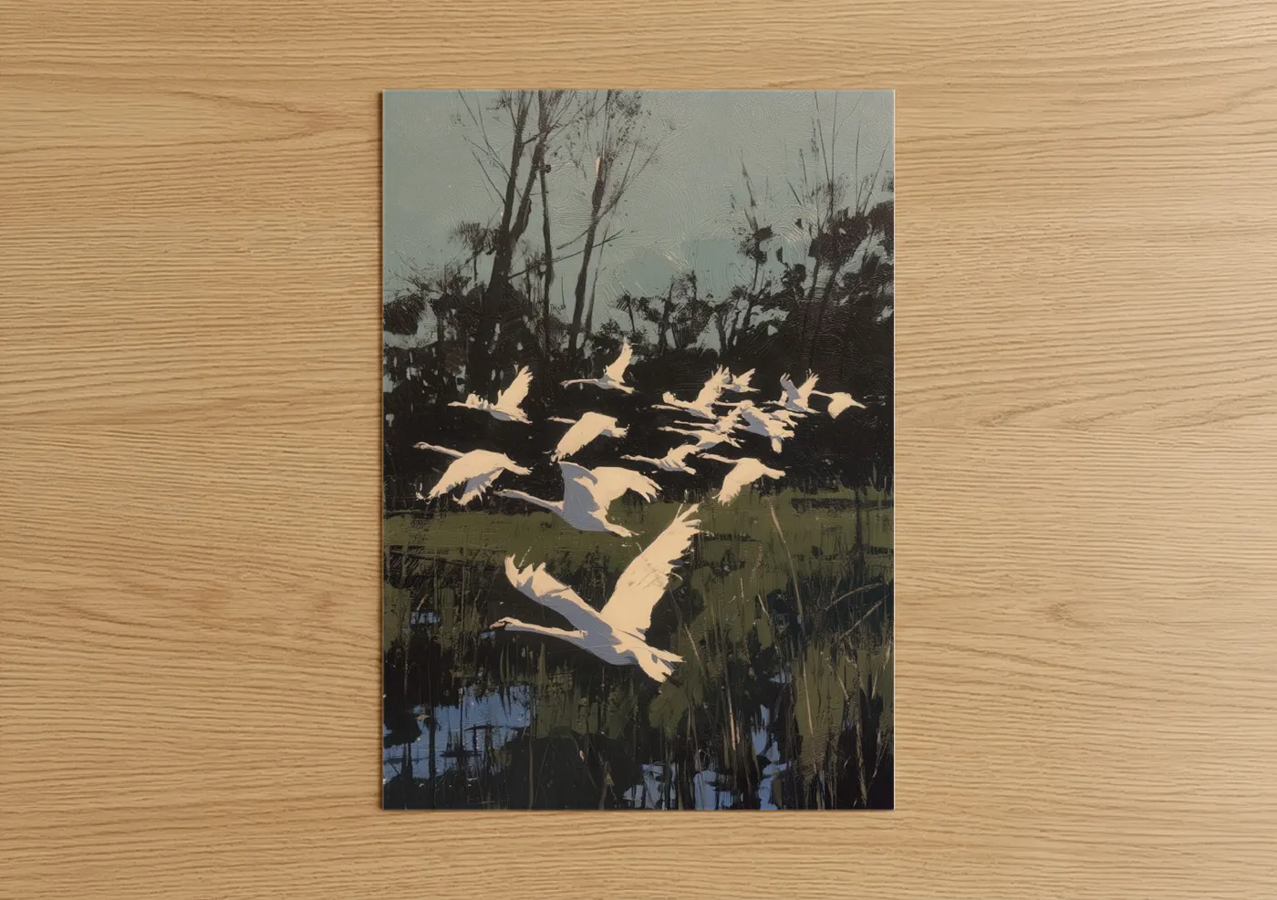 White Swans Flying Over Marshland Wall Art