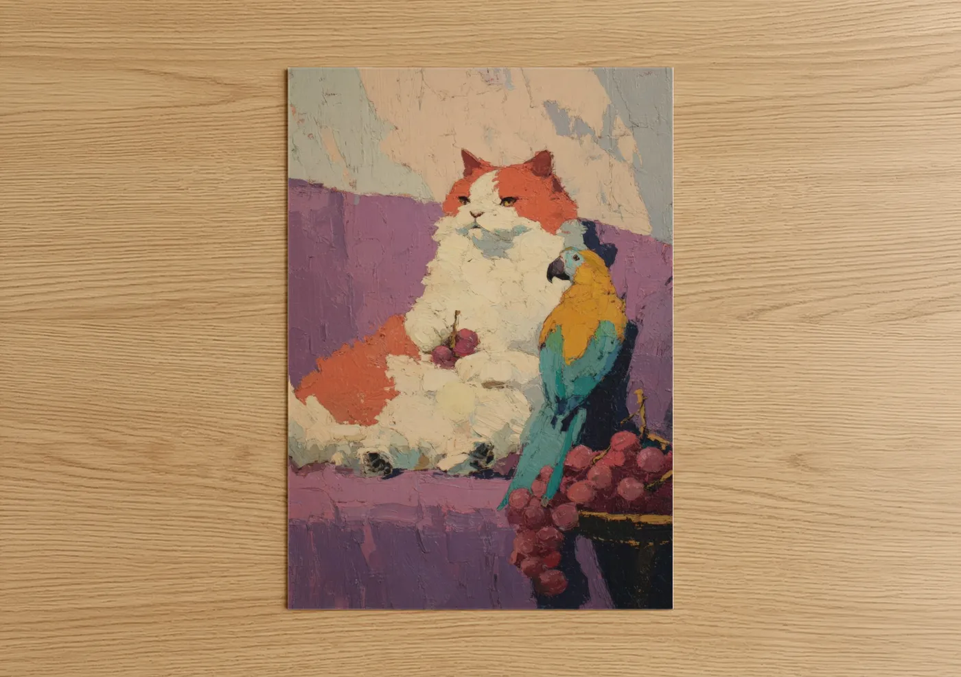 Colorful Cat with Parrot Oil Painting Wall Art