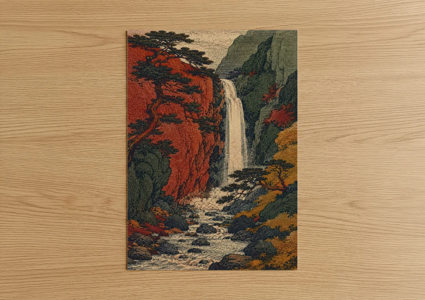Art print on warm oak wood — russet and true green palette — Japanese Waterfall Mountain Landscape Wall Art poster