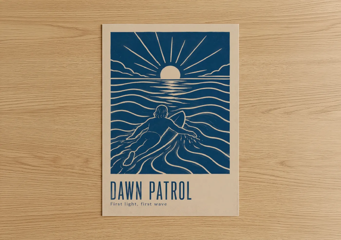 Art print on warm oak wood — blue and beige palette — Sunrise Surfer Ocean Wall Art poster