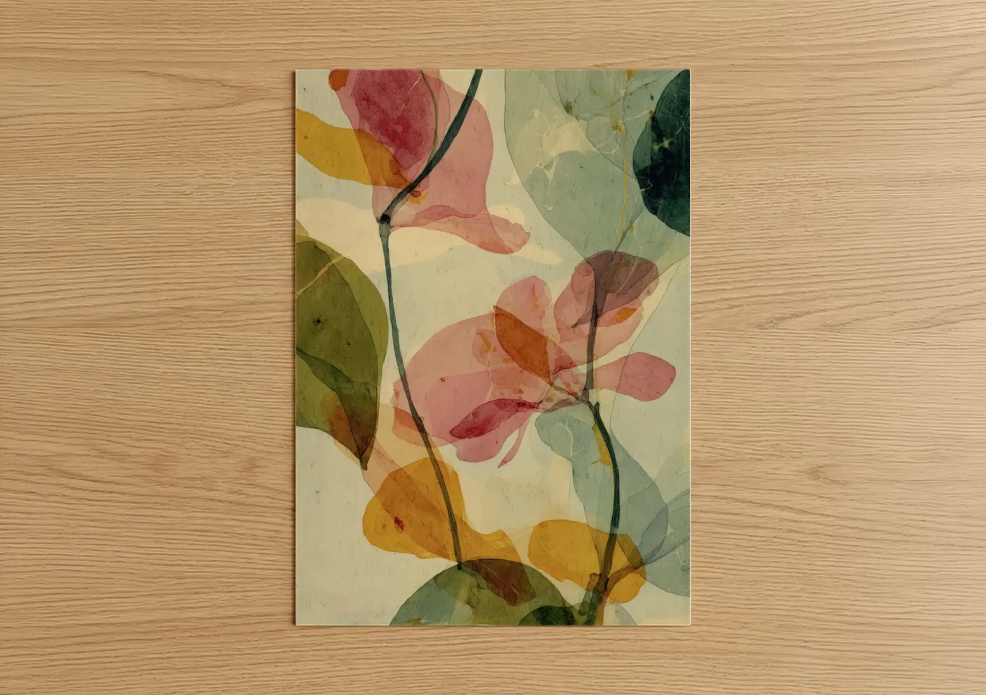 Art print on warm oak wood — salmon pink and gold palette — Blush Dogwood poster