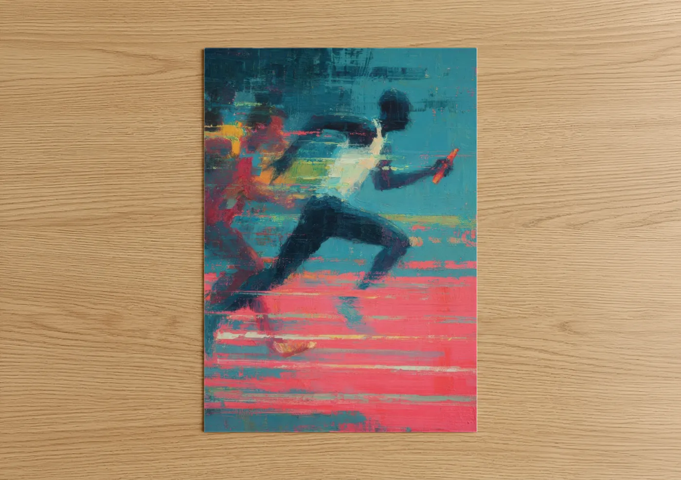 Track and field art print on warm oak wood — teal and magenta palette — Dynamic Runner poster