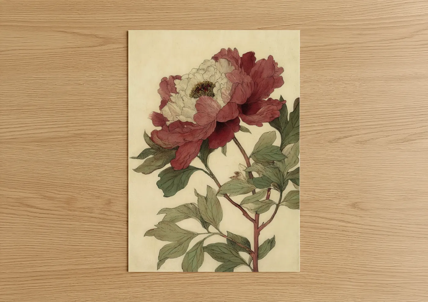 Crimson Peony Bloom Vintage Botanical Wall Art