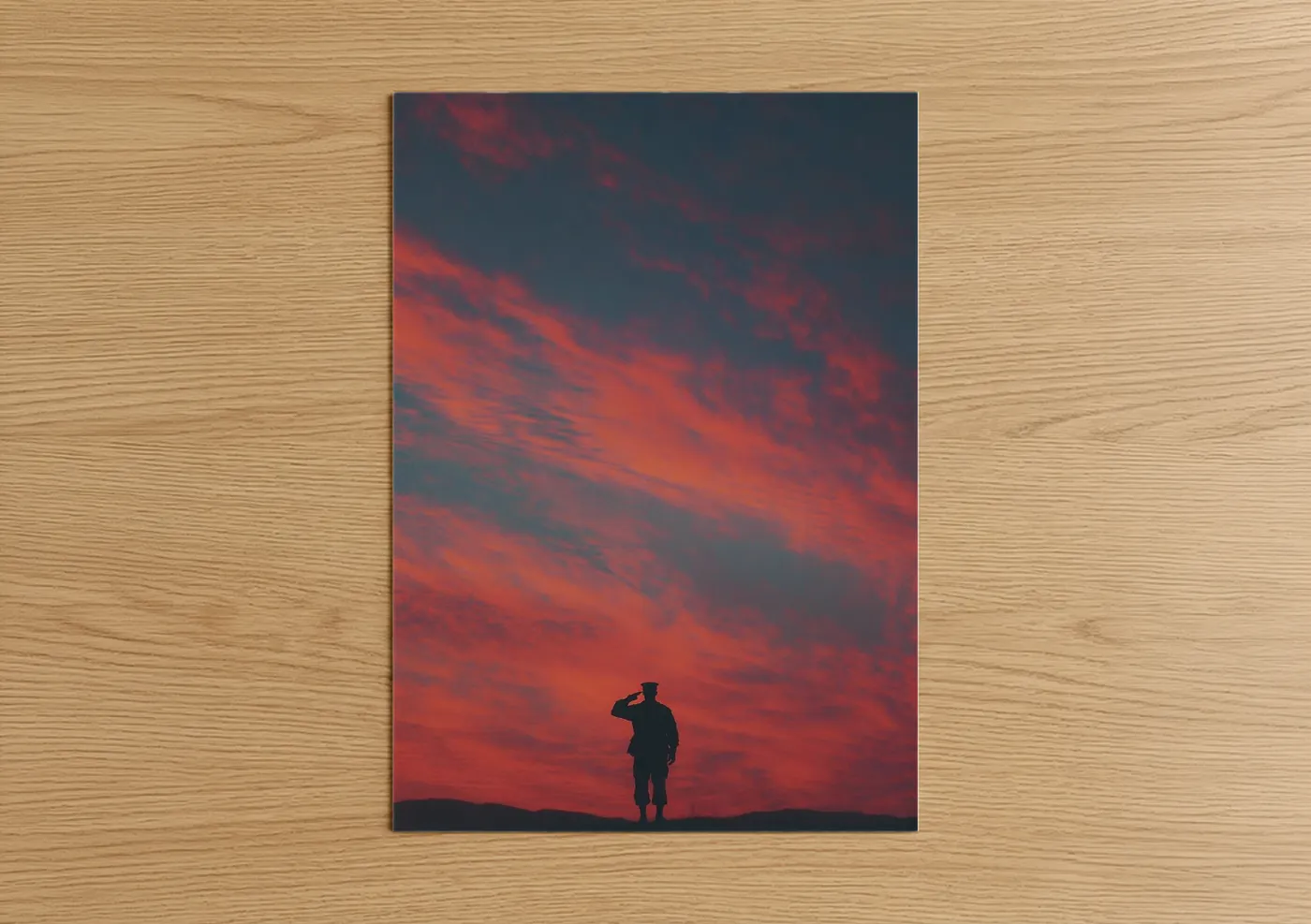 Veterans day art print on warm oak wood — red and orange palette — Sunset Salute poster
