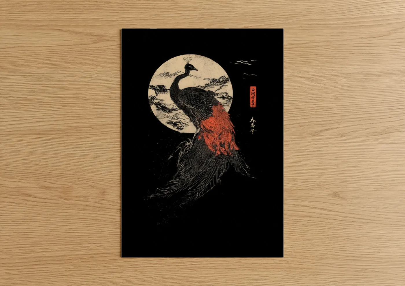 Crimson Peacock Moon Japanese Woodblock Wall Art