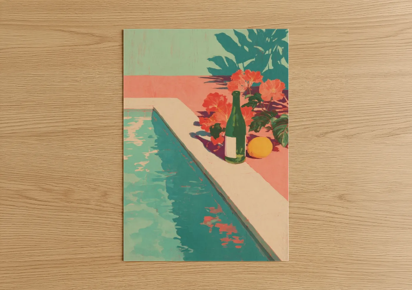 Poolside Champagne Bottle Illustration Wall Art