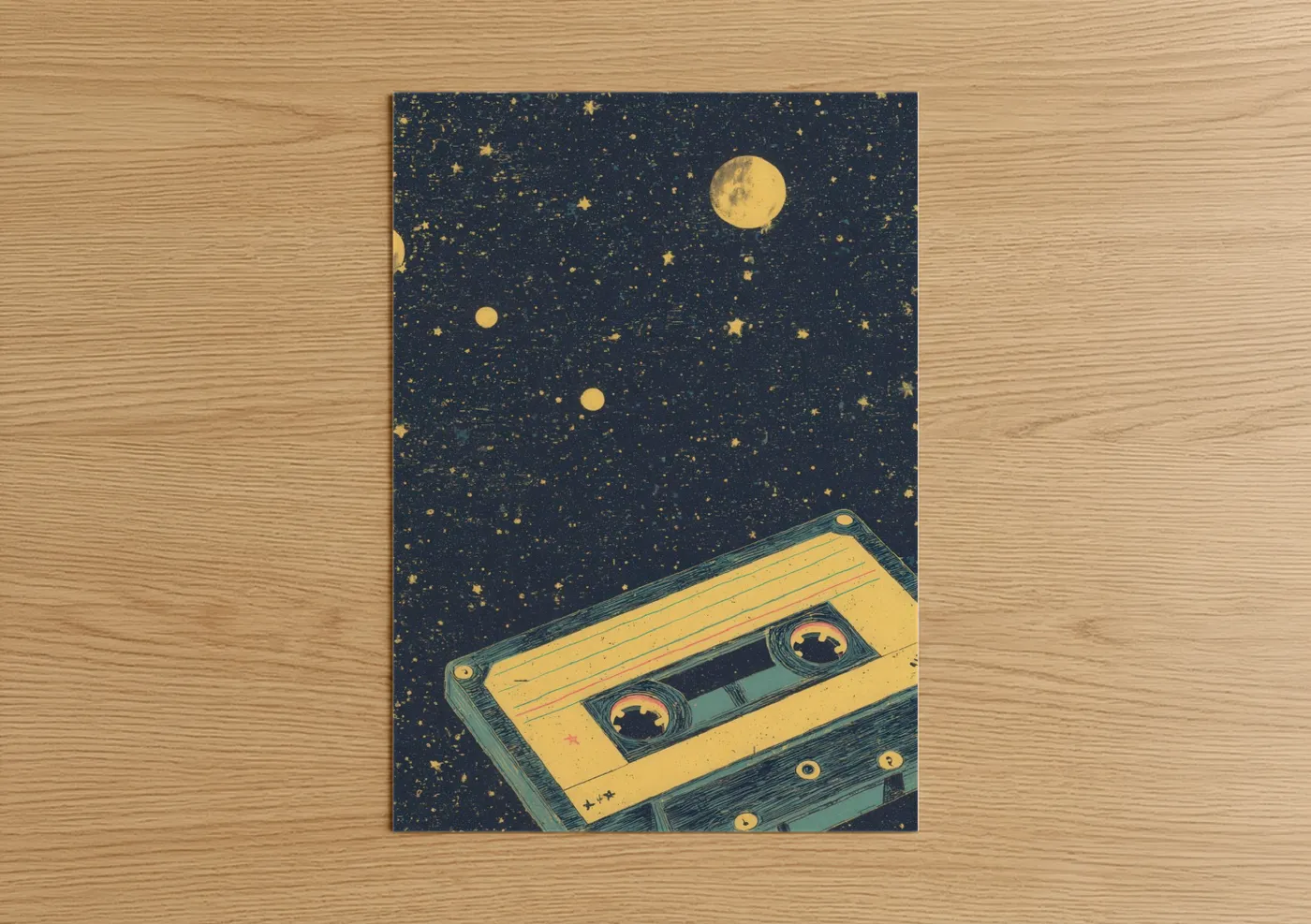 Casette art print on warm oak wood — gold and dark blue palette — Cosmic Cassette poster