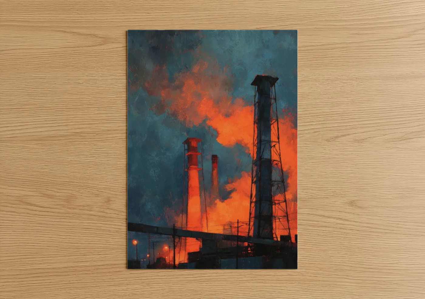 Power plant art print on warm oak wood — orange and teal palette — Industrial Inferno poster
