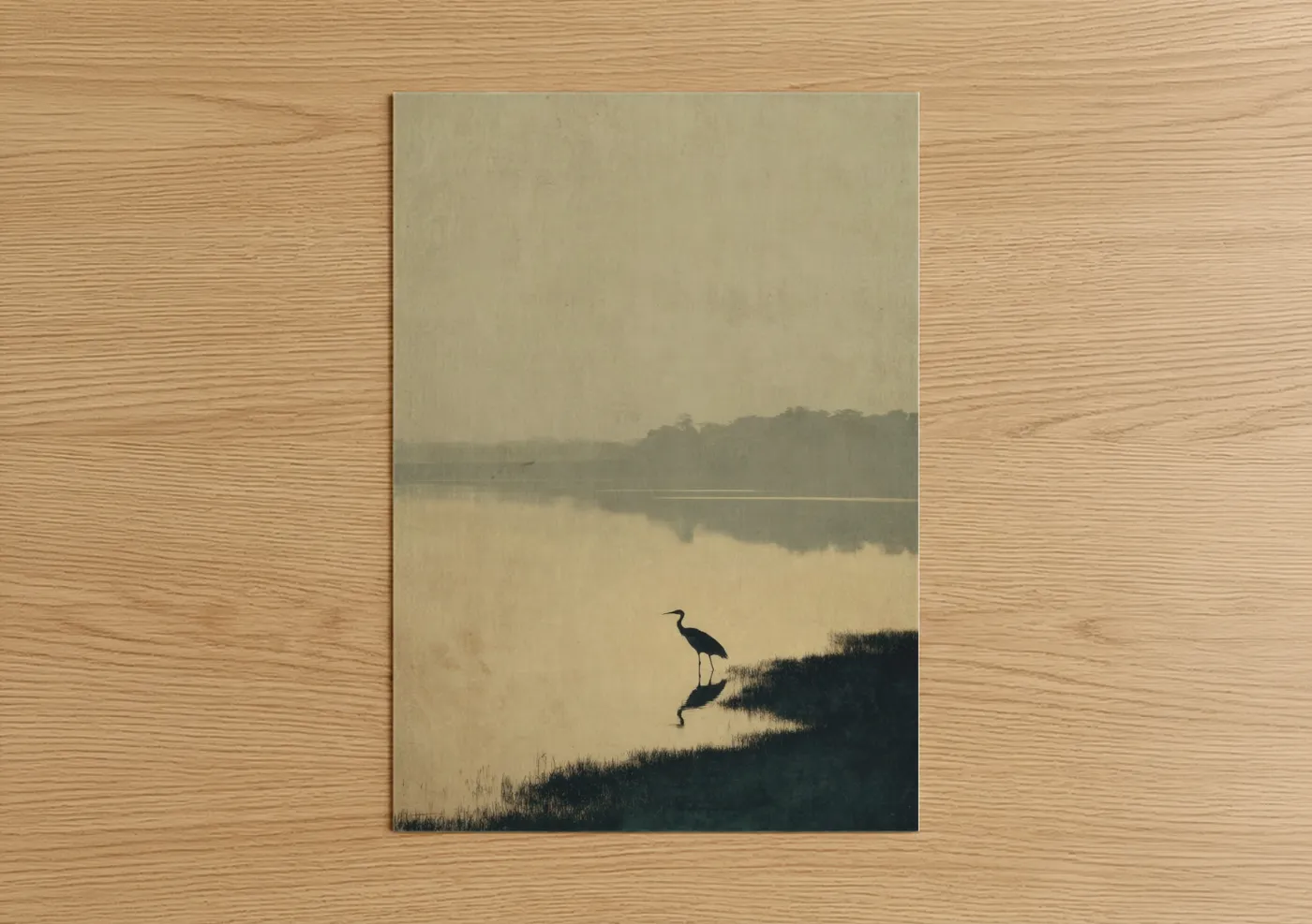 Lakes art print on warm oak wood — beige and sage green palette — Misty Lake Heron poster
