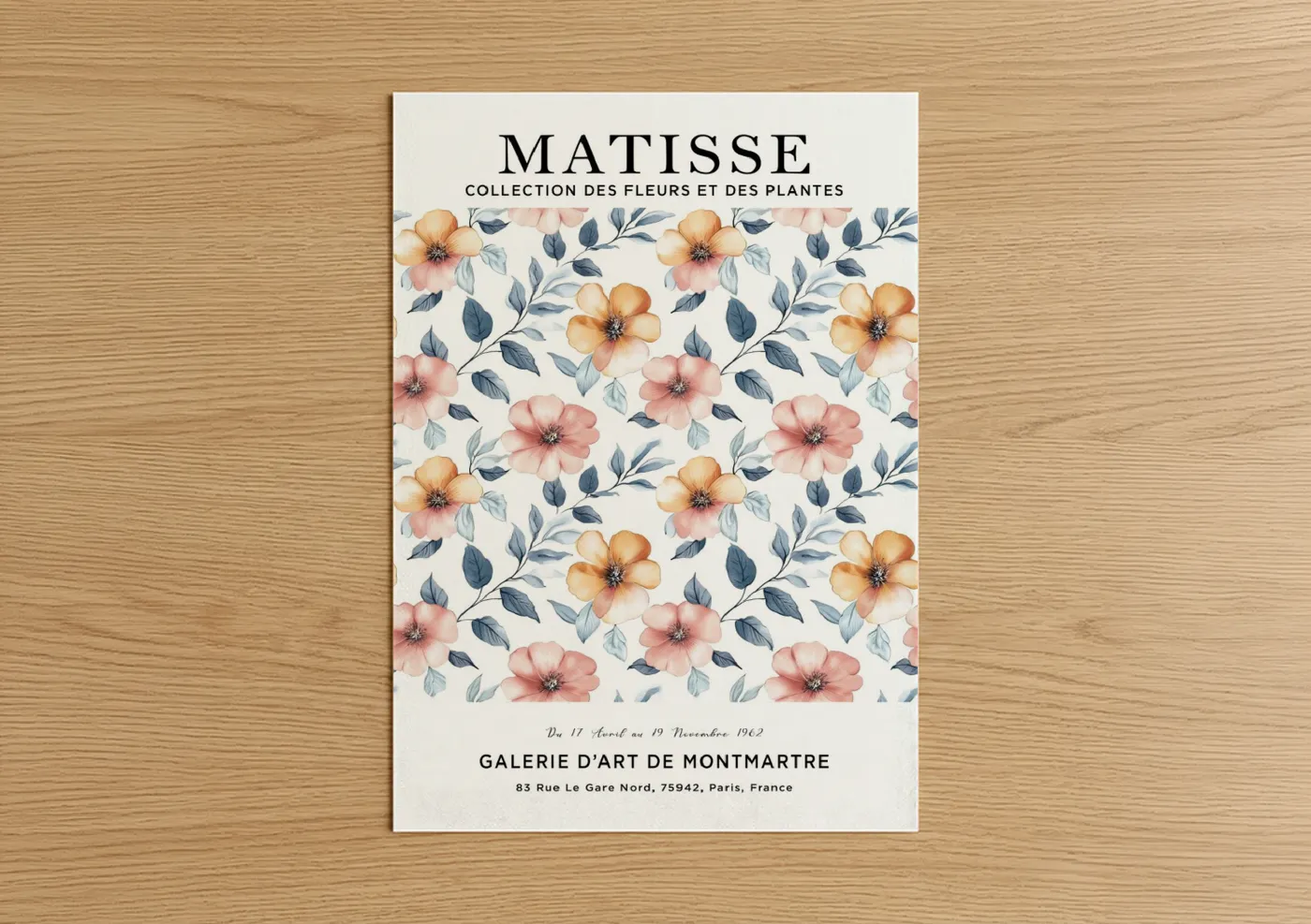 Abstract flower art print on warm oak wood — peach and dove gray palette — Matisse Floral poster