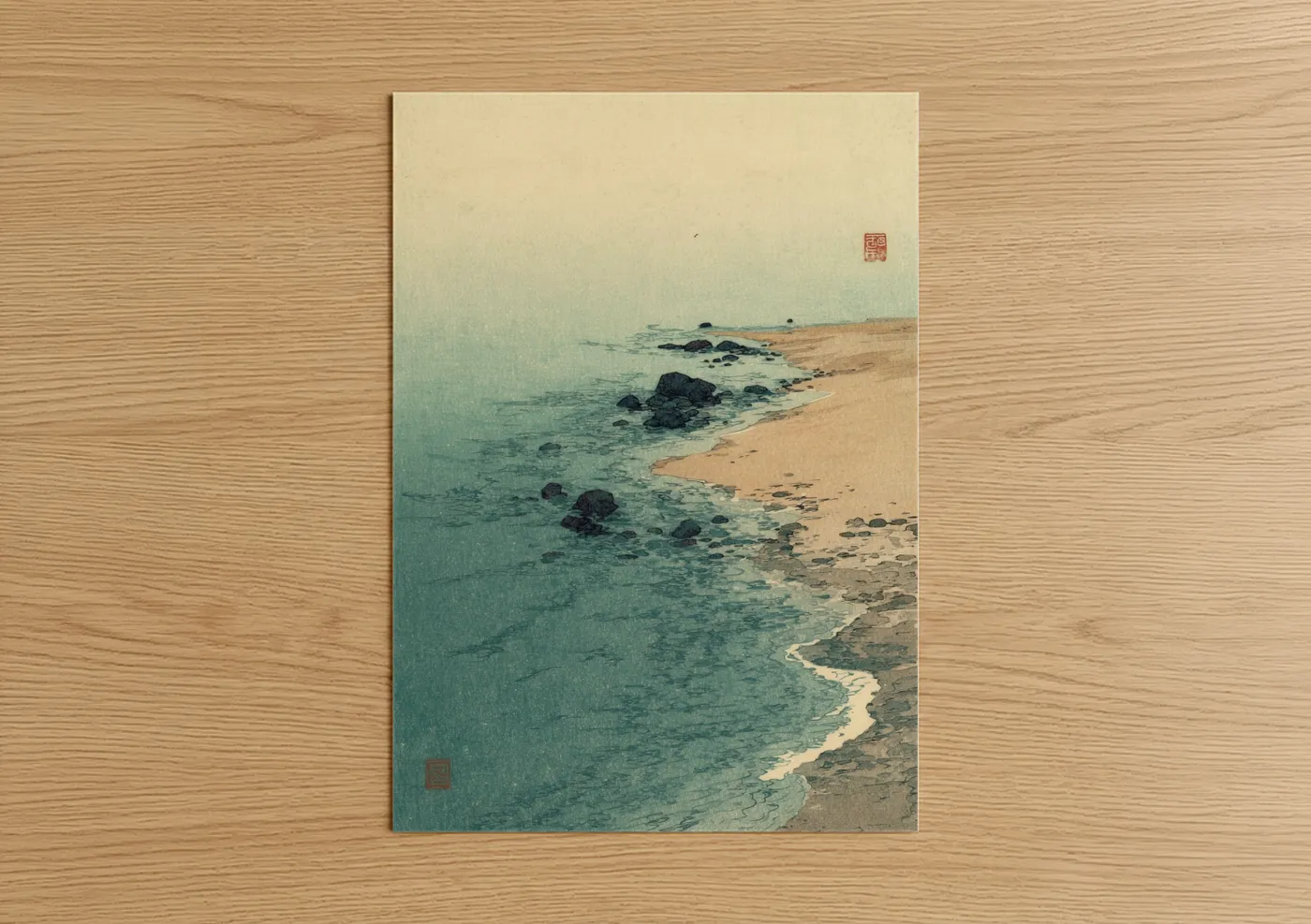 Sandy beach art print on warm oak wood — teal and cream palette — Serene Coastal Shore poster