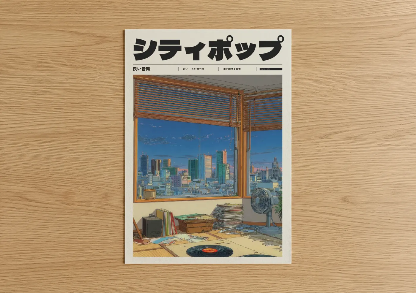 Anime and manga art print on warm oak wood — blue and gold palette — Shinjuku Pop poster