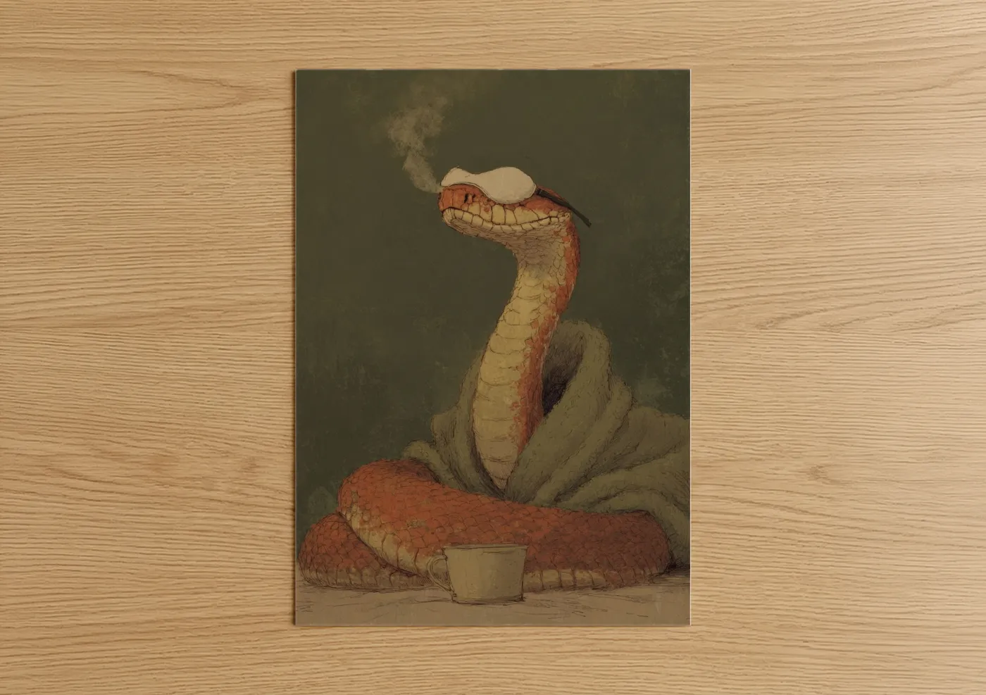 Art print on warm oak wood — russet and sage green palette — Whimsical Rattlesnake poster