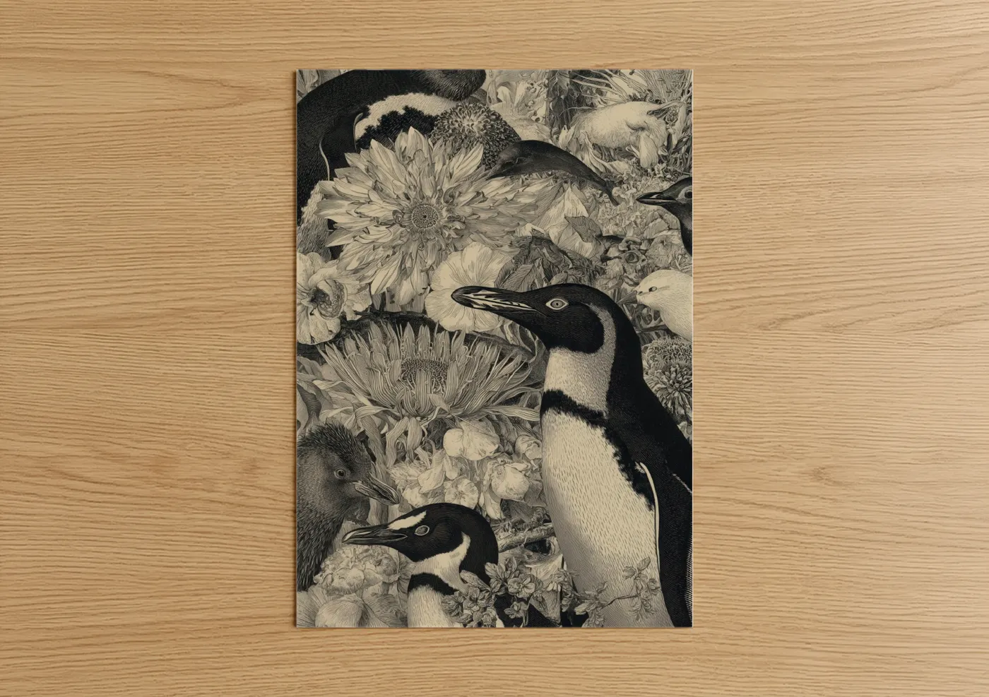 Art print on warm oak wood — black and white palette — Elegant Penguin Pair poster
