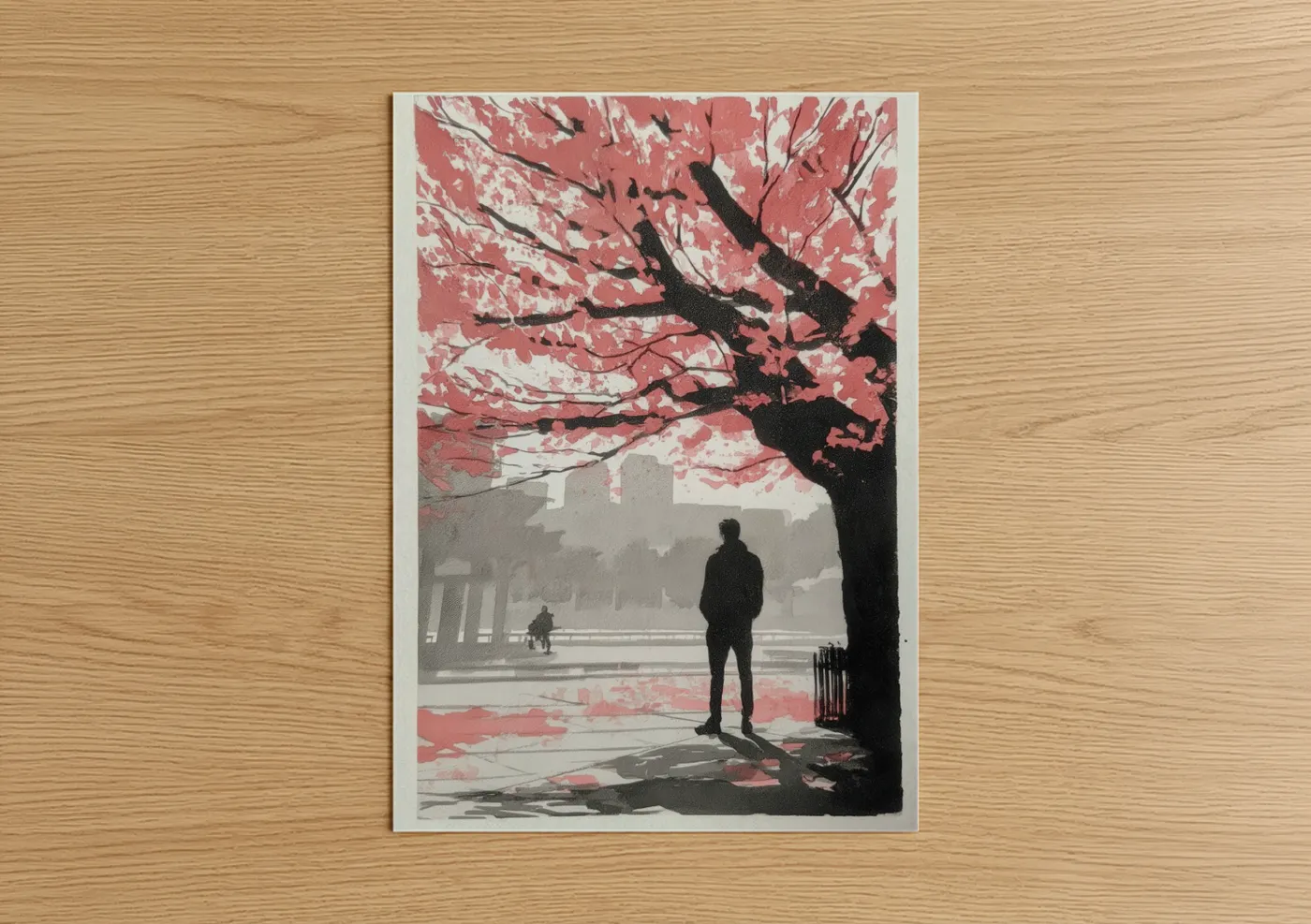Cherry blossoms art print on warm oak wood — rose gold and gray palette — Solitude Cherry Blossom poster