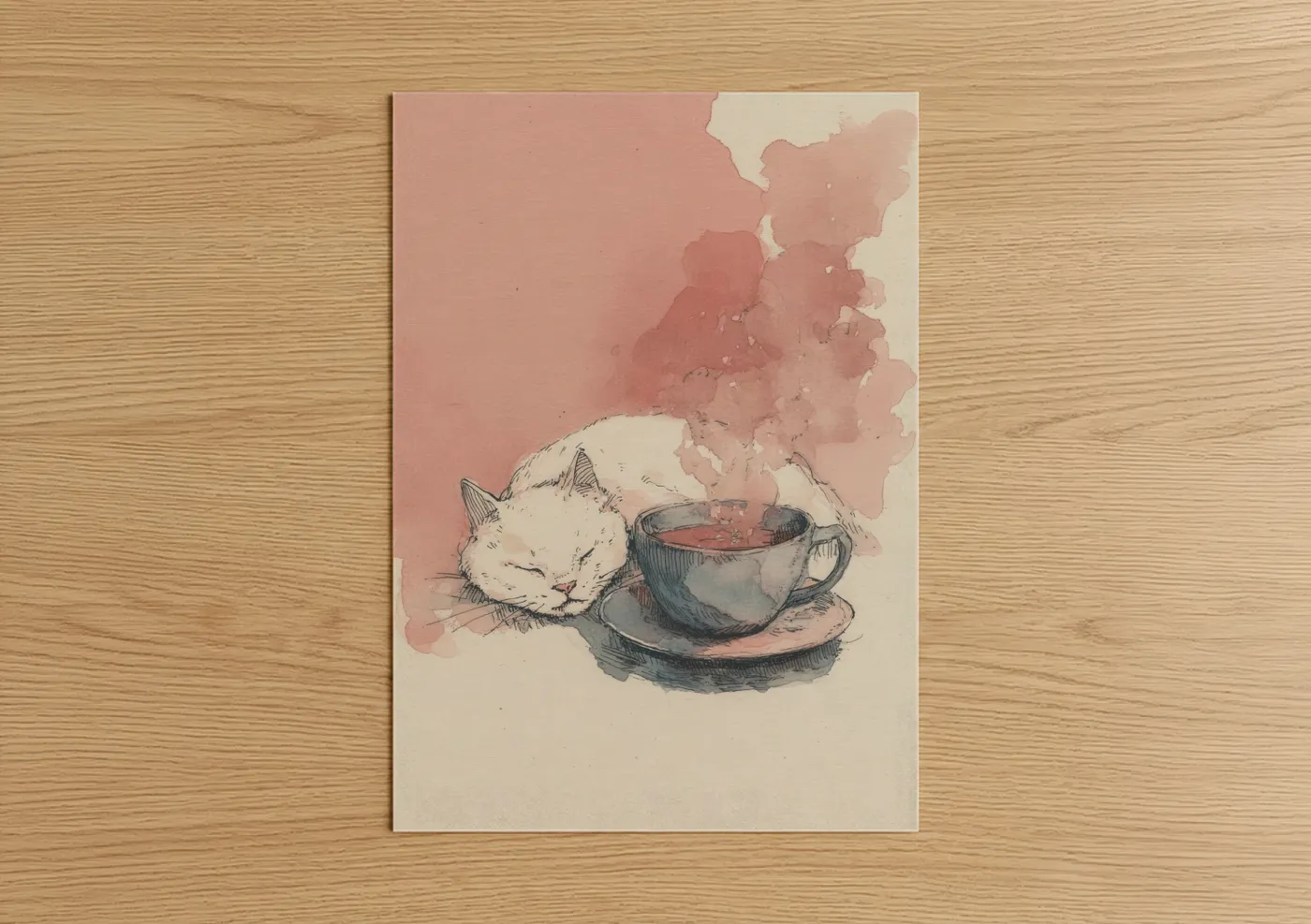 Art print on warm oak wood — salmon pink and beige palette — Cozy Cat Coffee poster