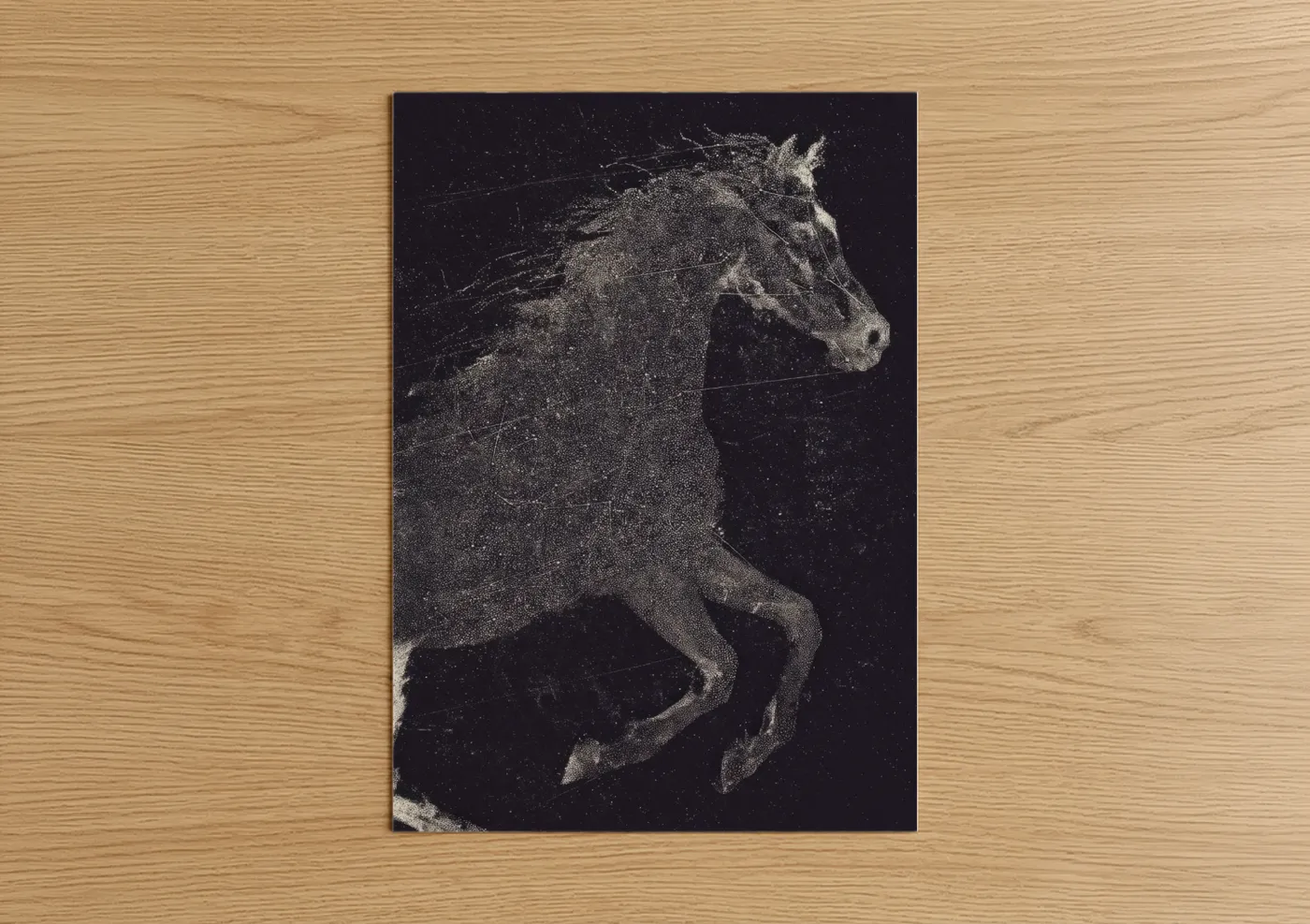 Arabian horse art print on warm oak wood — black and white and silver palette — Celestial Arabian poster