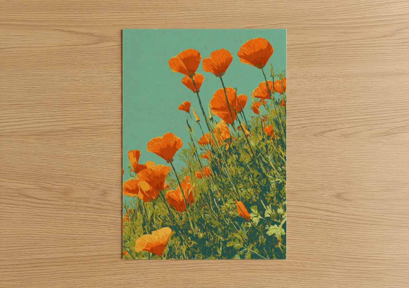 Flower field art print on warm oak wood — orange and turquoise palette — Golden Poppy Field poster