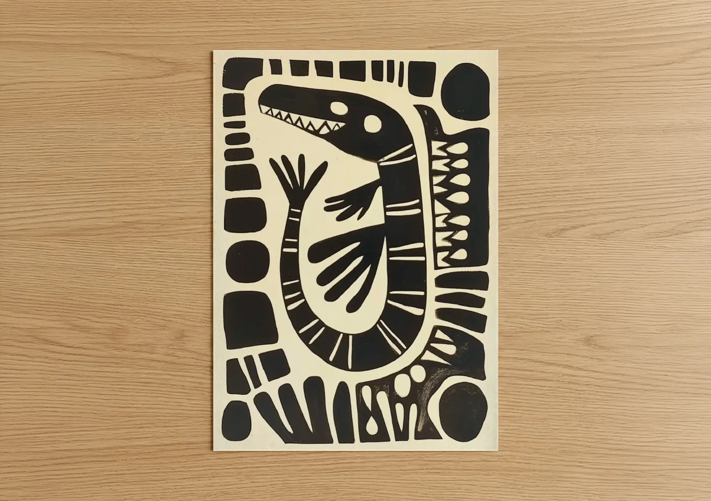 Art print on warm oak wood — black and white palette — Geometric Alligator poster