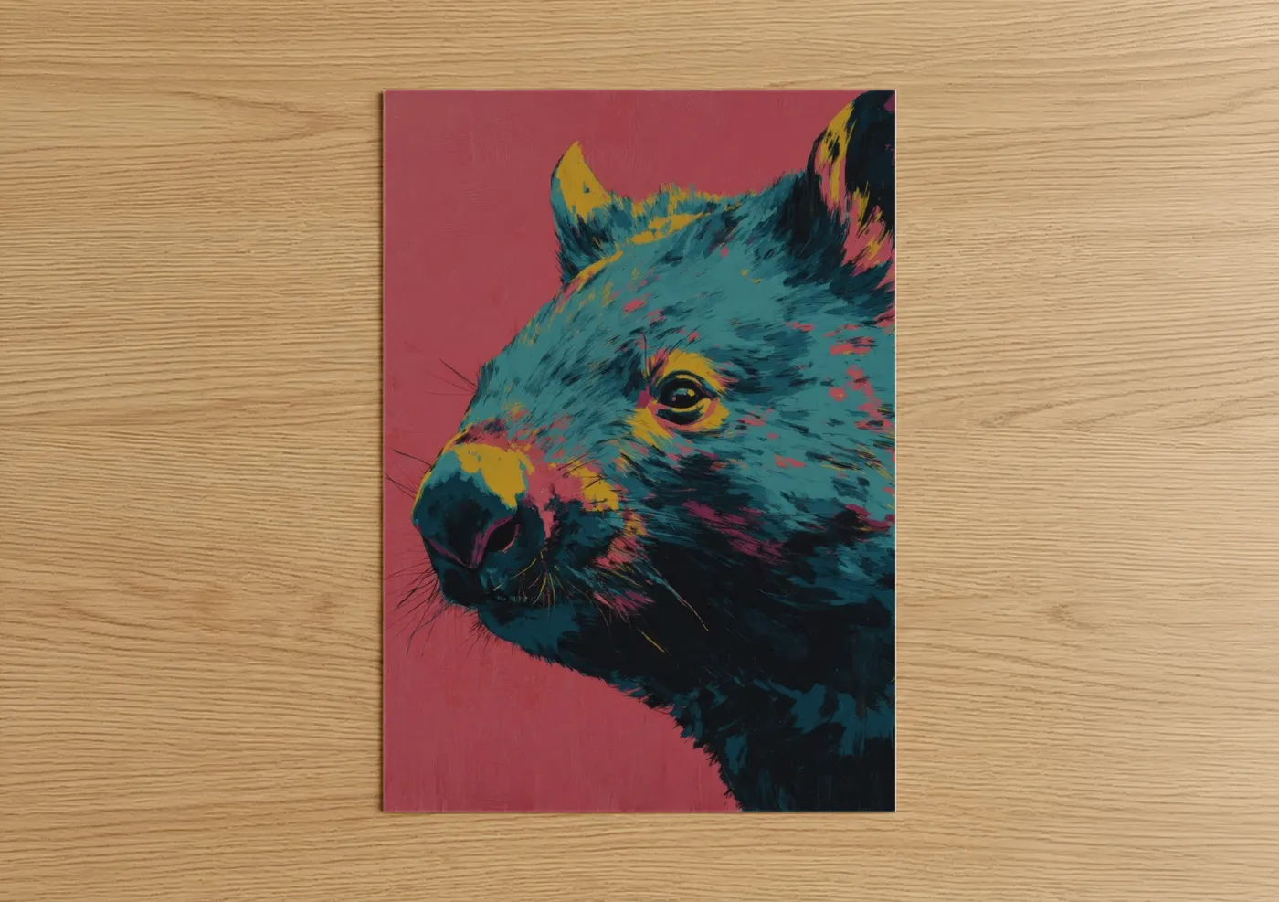 Art print on warm oak wood — magenta and teal palette — Neon Wombat Portrait poster