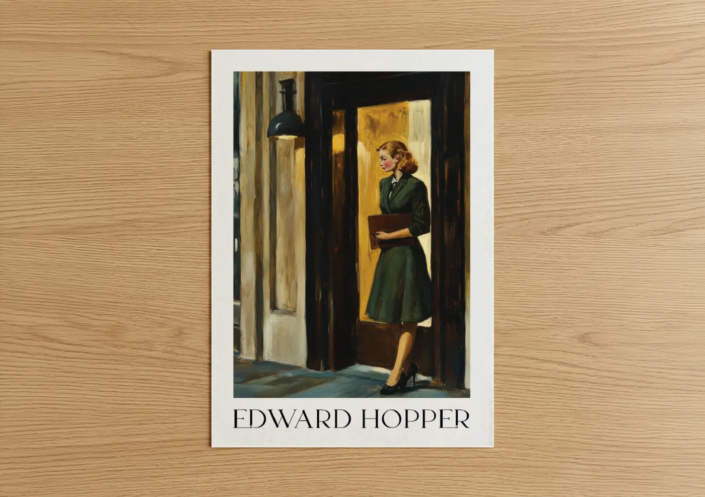 Fashion illustration art print on warm oak wood — dark green and gold palette — Office Arrival poster