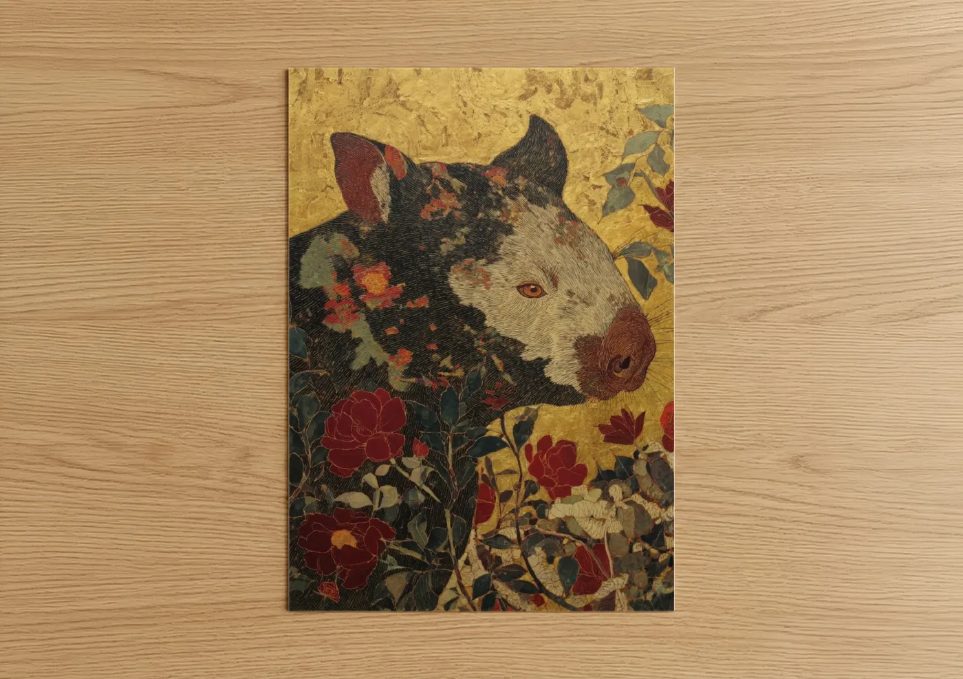 Golden Wombat with Red Roses Wall Art