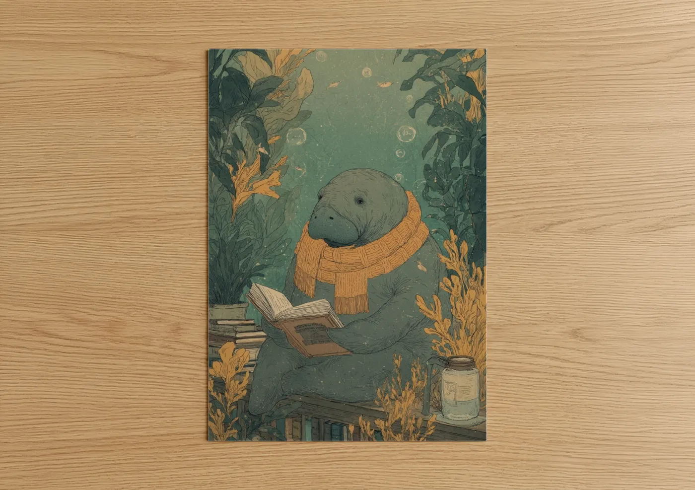Manatees art print on warm oak wood — sage green and gold palette — Cozy Manatee Reader poster