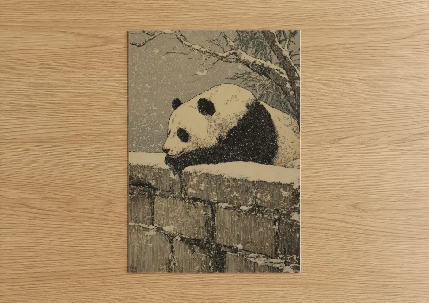 Art print on warm oak wood — cream and black palette — Snowy Panda poster