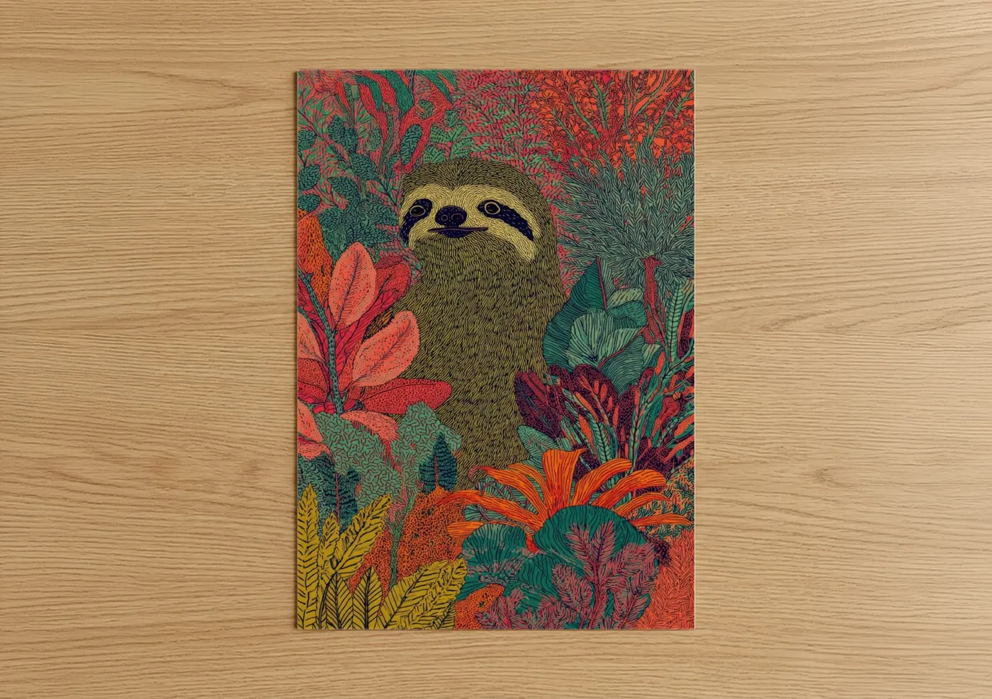 Art print on warm oak wood — orange and true green palette — Jungle Sloth poster