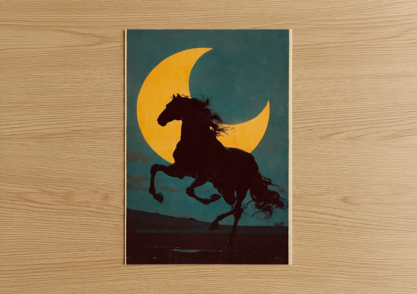 Arabian horse art print on warm oak wood — black and gold and dark blue palette — Moonlit Arabian poster