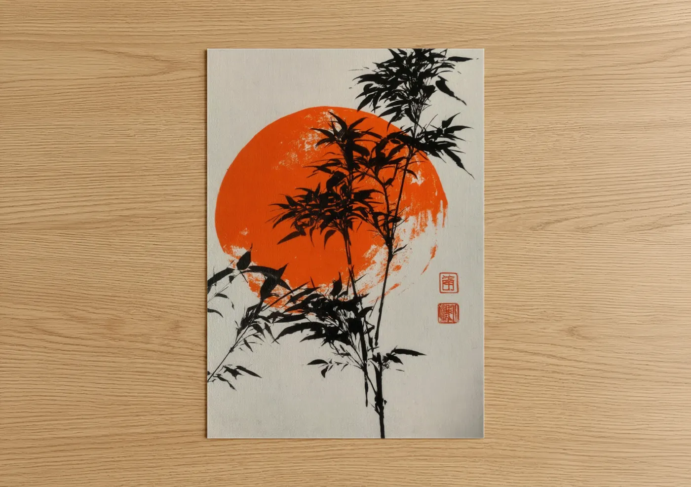 Orange Sun Bamboo Silhouette Asian Art Wall Art