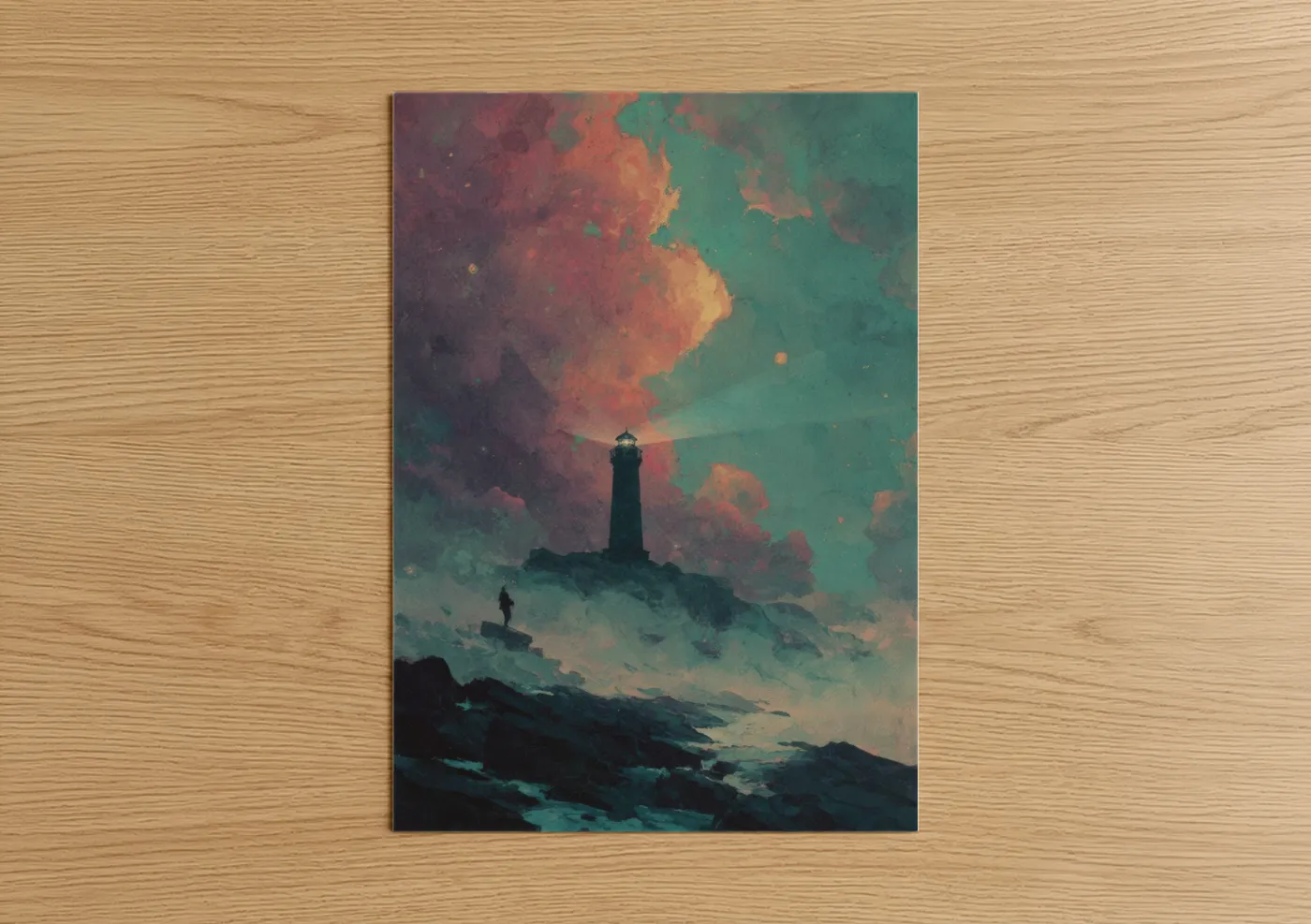 Sci-fi art print on warm oak wood — teal and gold palette — Beacon Cosmos poster